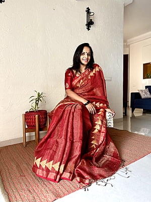 Red Jamdani Tissue Linen Saree