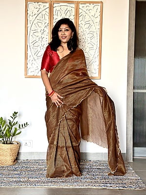 Handwoven Mul Tissue Zari Stripe Saree - Golden Brown Handwoven Mul Tissue Zari Stripe Saree - Golden Brown