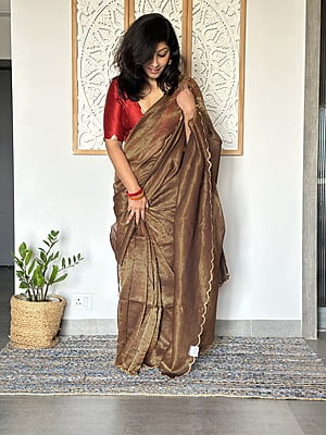 Handwoven Mul Tissue Zari Stripe Saree - Golden Brown Handwoven Mul Tissue Zari Stripe Saree - Golden Brown