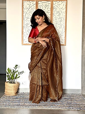 Handwoven Mul Tissue Zari Stripe Saree - Golden Brown Handwoven Mul Tissue Zari Stripe Saree - Golden Brown