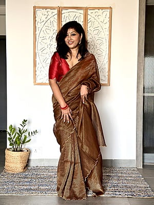Handwoven Mul Tissue Zari Stripe Saree - Golden Brown