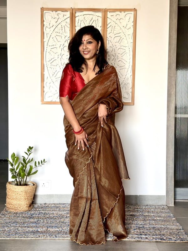 Handwoven Mul Tissue Zari Stripe Saree - Golden Brown Handwoven Mul Tissue Zari Stripe Saree - Golden Brown