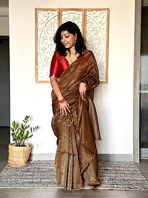 Handwoven Mul Tissue Zari Stripe Saree - Golden Brown Handwoven Mul Tissue Zari Stripe Saree - Golden Brown