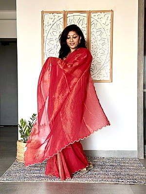 Handwoven Mul Tissue Zari Stripe - Red Handwoven Mul Tissue Zari Stripe - Red