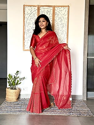 Handwoven Mul Tissue Zari Stripe - Red Handwoven Mul Tissue Zari Stripe - Red