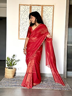 Handwoven Mul Tissue Zari Stripe - Red Handwoven Mul Tissue Zari Stripe - Red