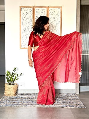 Handwoven Mul Tissue Zari Stripe - Red Handwoven Mul Tissue Zari Stripe - Red