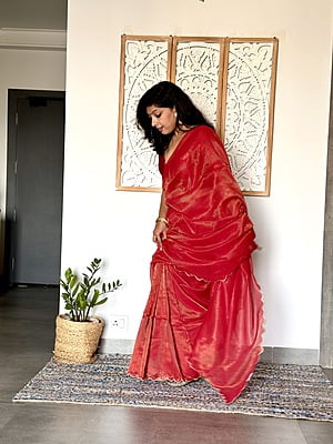 Handwoven Mul Tissue Zari Stripe - Red Handwoven Mul Tissue Zari Stripe - Red