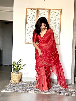 Handwoven Mul Tissue Zari Stripe - Red Handwoven Mul Tissue Zari Stripe - Red