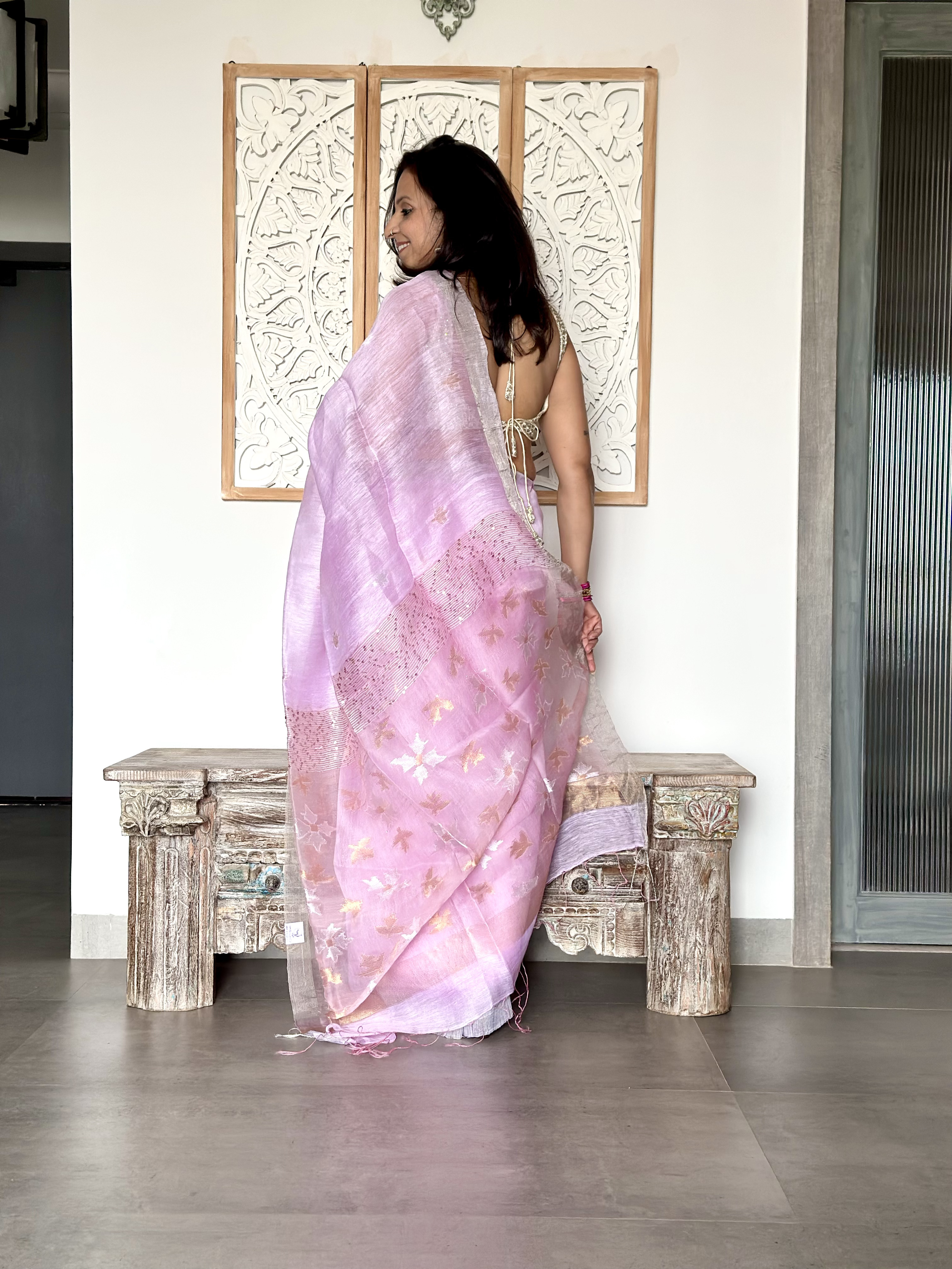 Silk Linen Saree With Muslin Pallu -Lavender