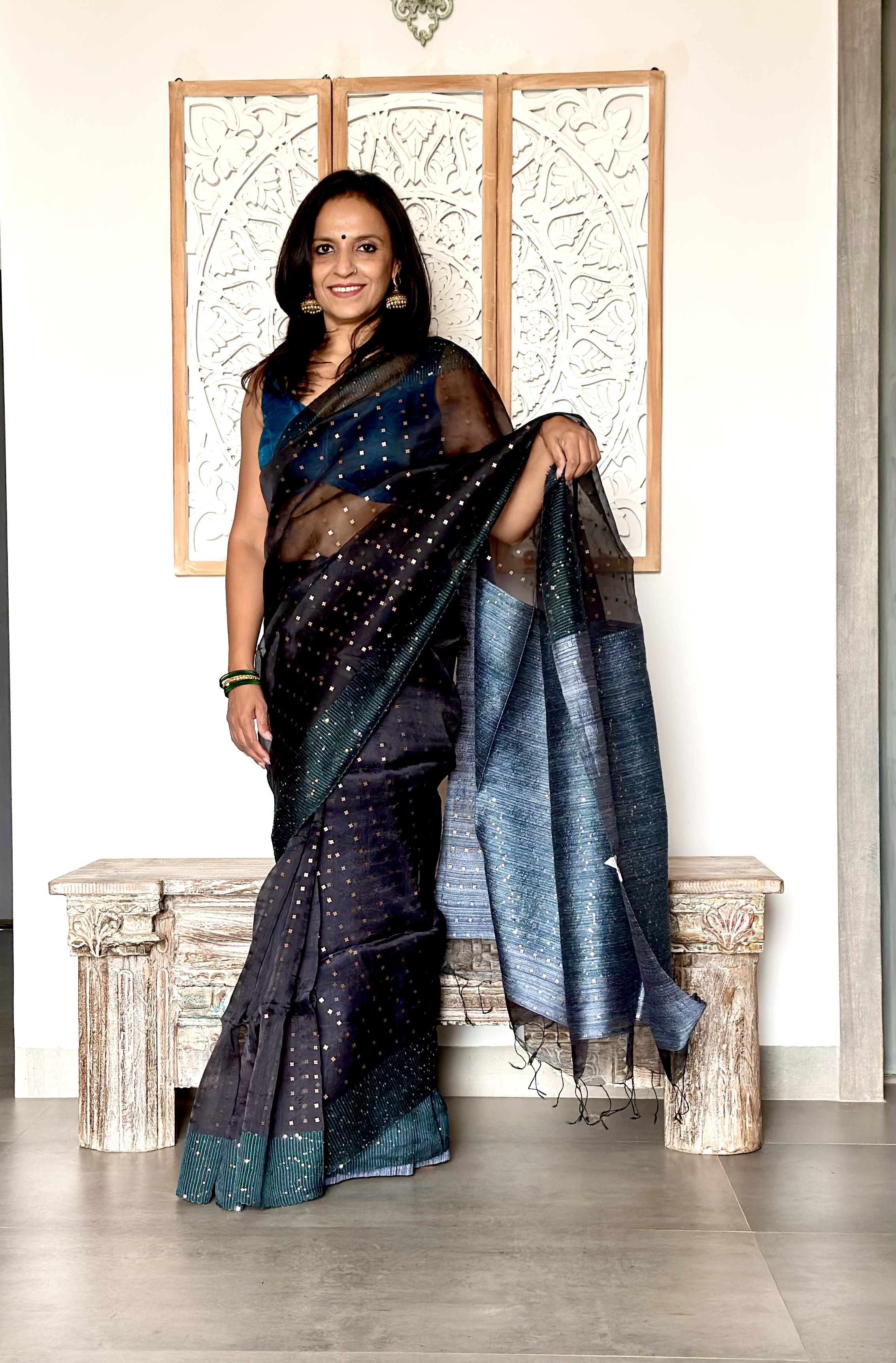 Pure Handwoven Muslin with Sequins Woven all over-Charcoal Grey
