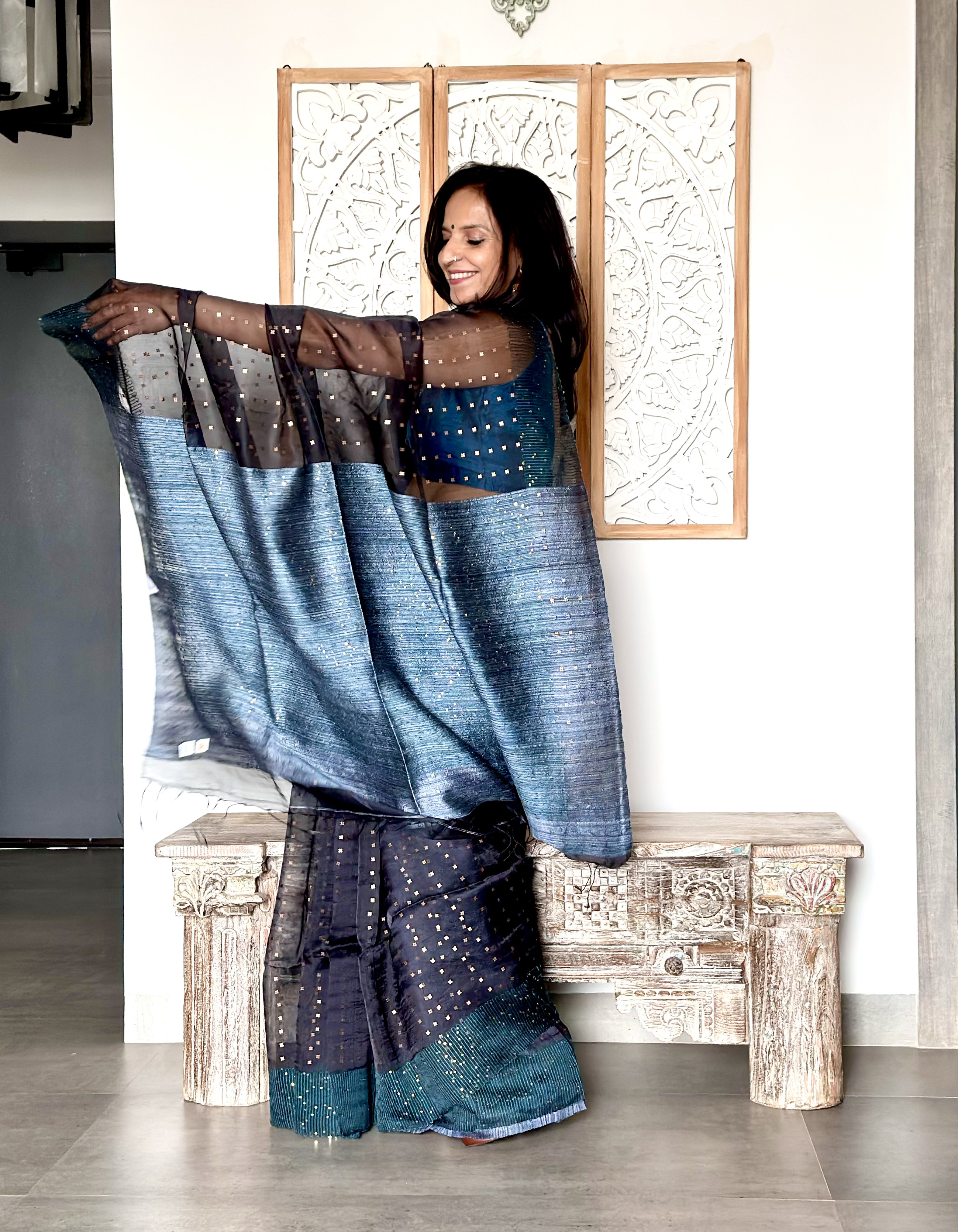 Pure Handwoven Muslin with Sequins Woven all over-Charcoal Grey