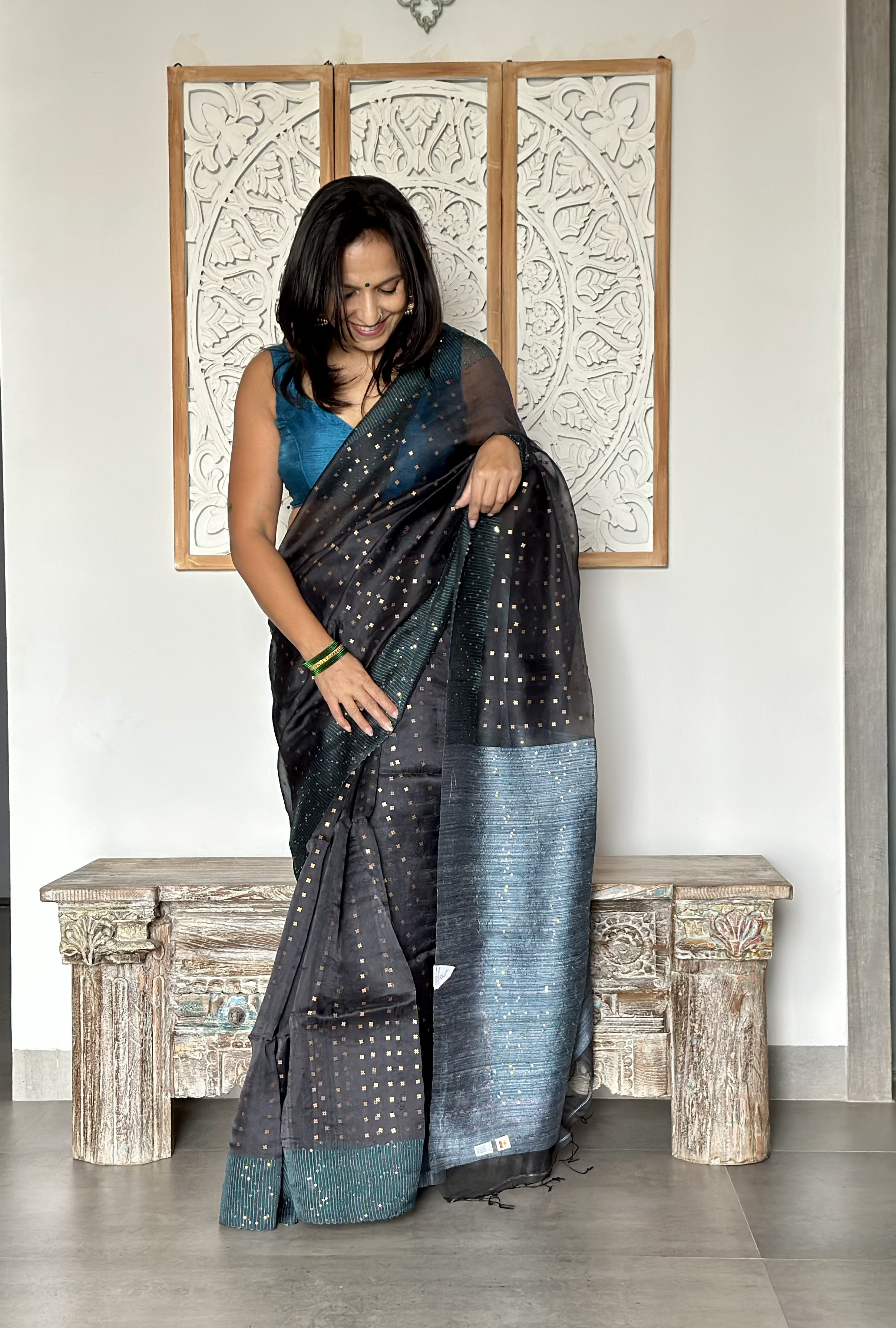 Pure Handwoven Muslin with Sequins Woven all over-Charcoal Grey