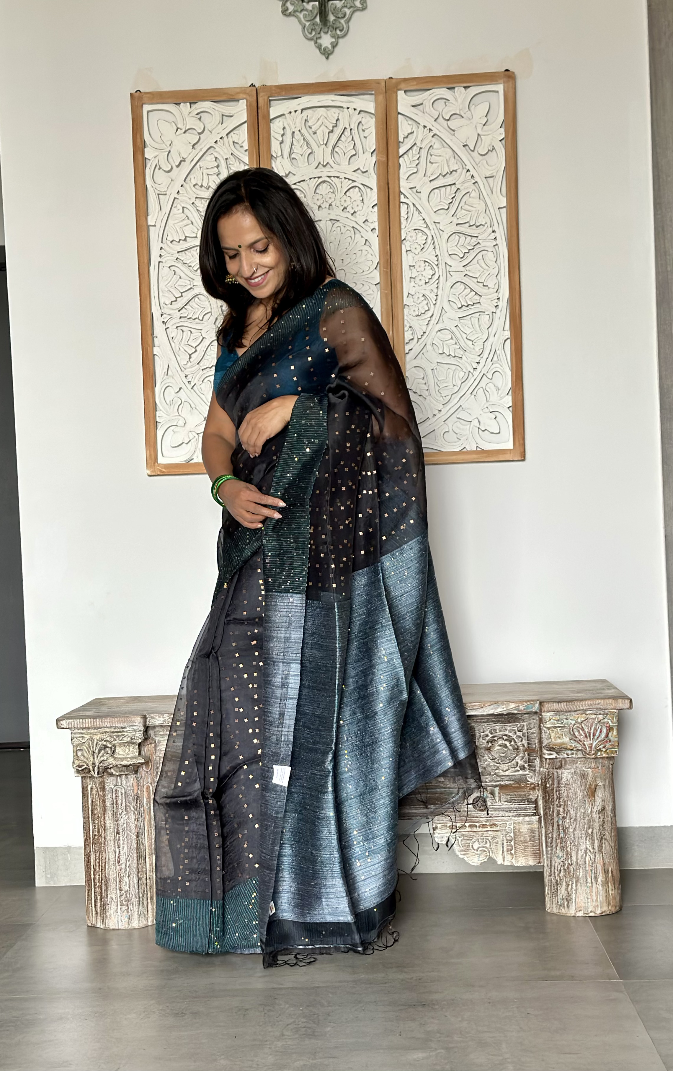 Pure Handwoven Muslin with Sequins Woven all over-Charcoal Grey