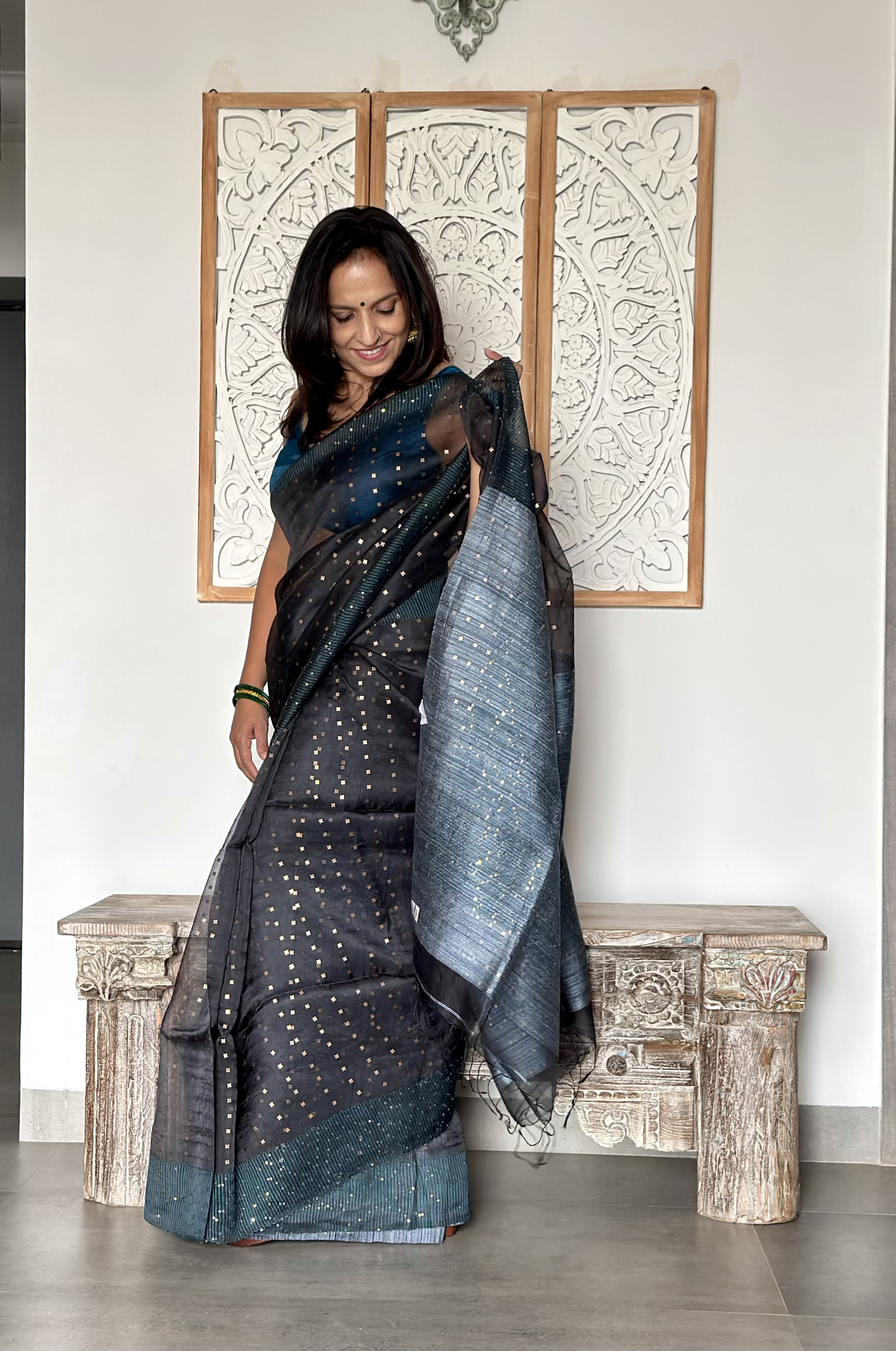 Pure Handwoven Muslin with Sequins Woven all over-Charcoal Grey