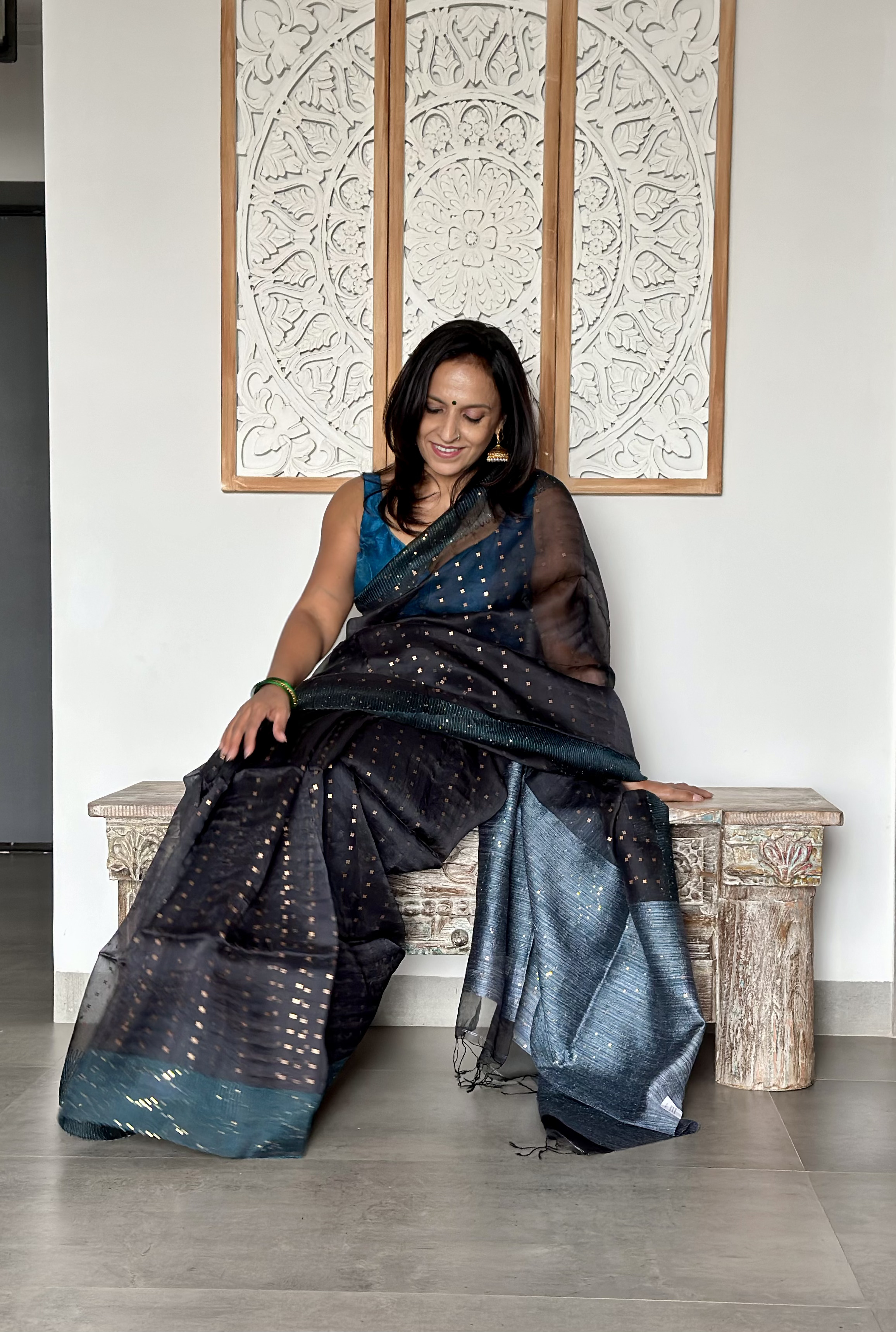 Pure Handwoven Muslin with Sequins Woven all over-Charcoal Grey