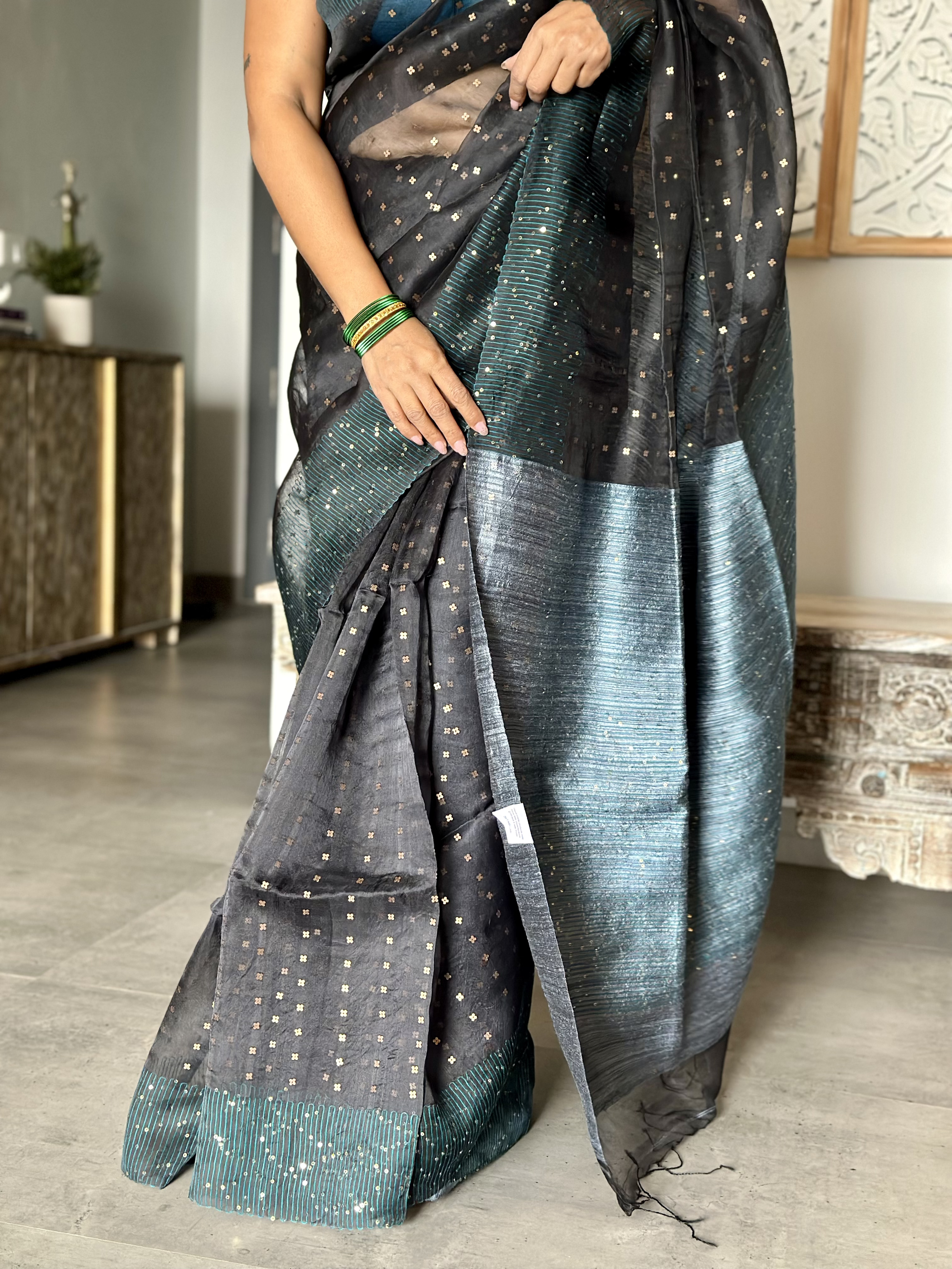 Pure Handwoven Muslin with Sequins Woven all over-Charcoal Grey