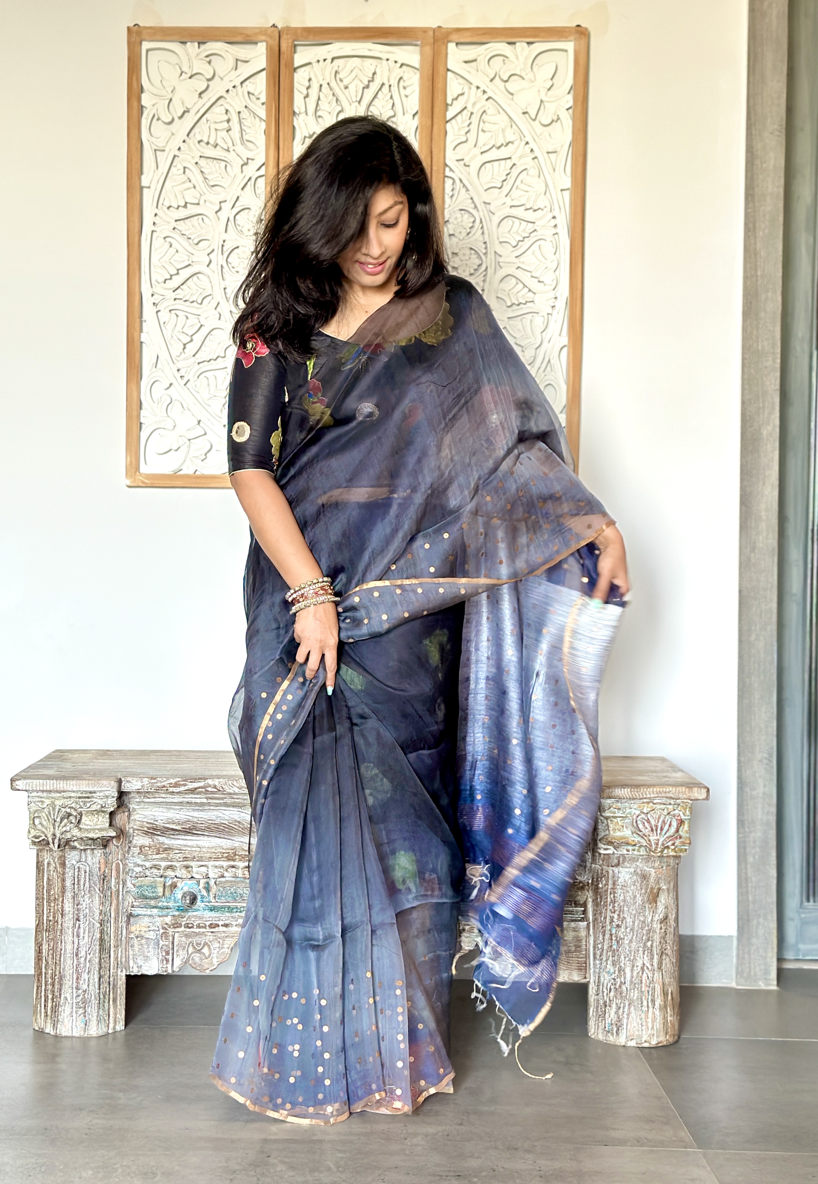 Muslin Ombre Saree with Woven Sequins in Borders.
