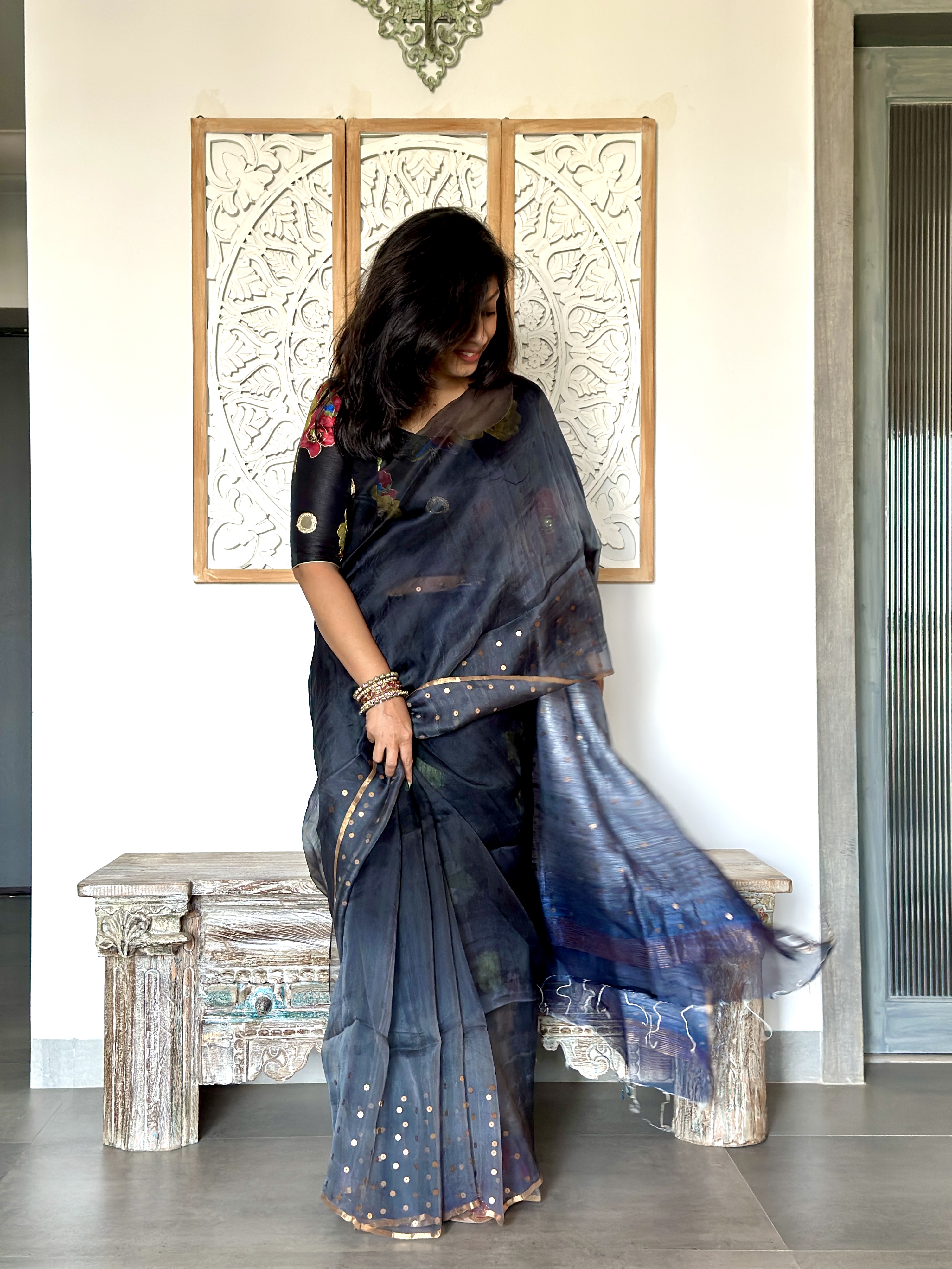 Muslin Ombre Saree with Woven Sequins in Borders.