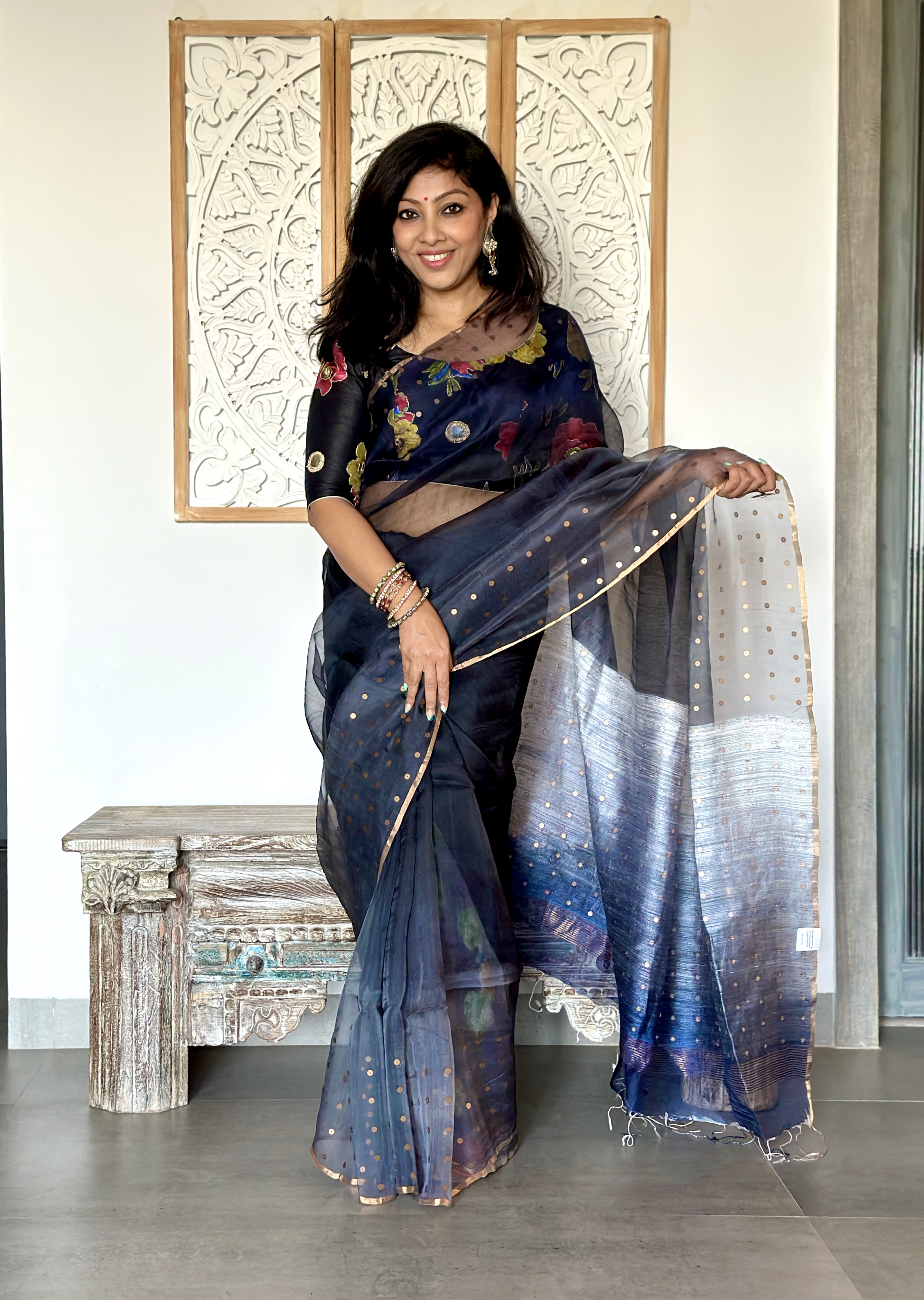 Muslin Ombre Saree with Woven Sequins in Borders.