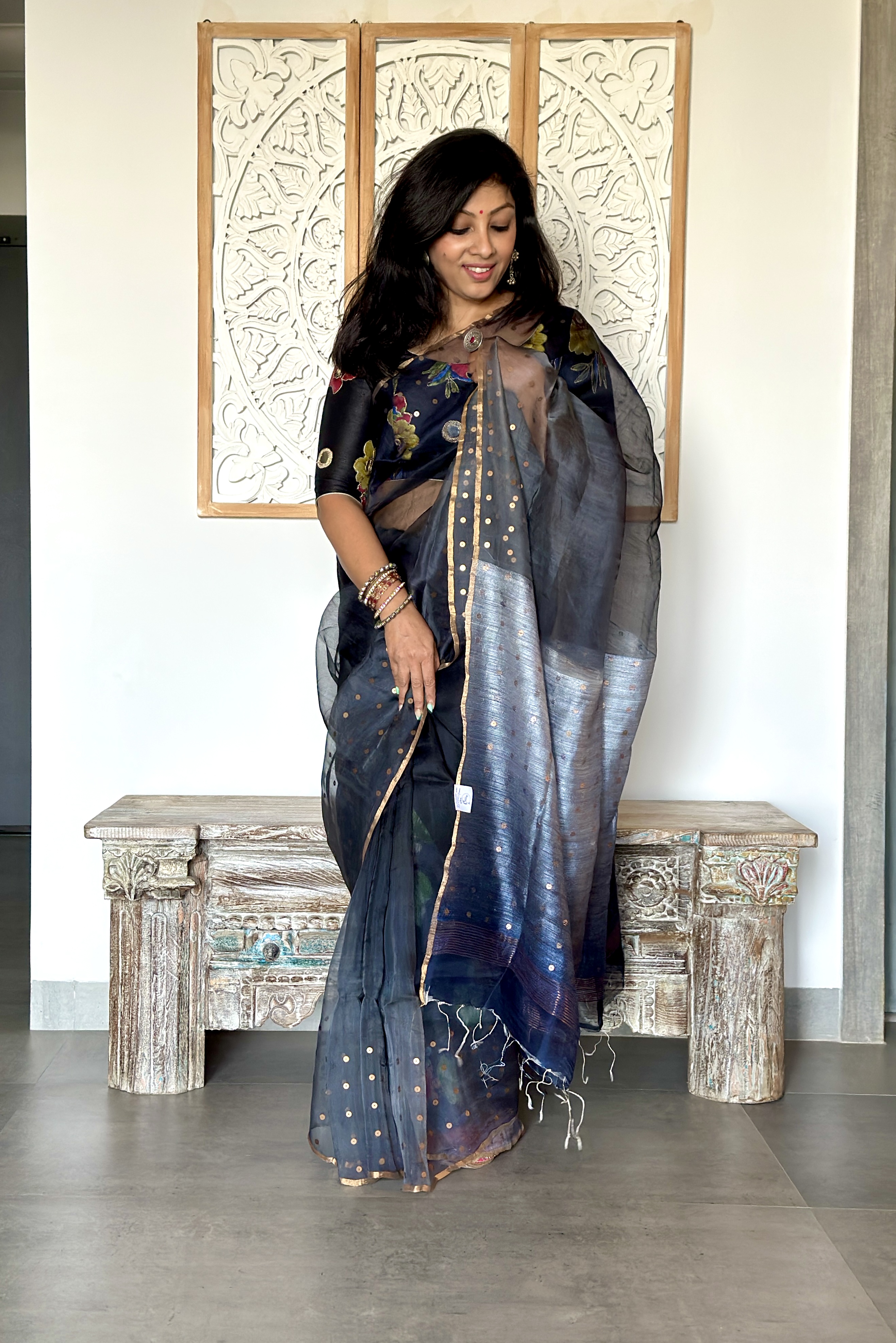 Muslin Ombre Saree with Woven Sequins in Borders.