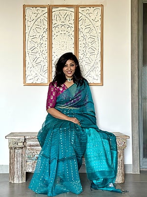 Pure Muslin saree with all over Sequins woven and Woven Border - Green