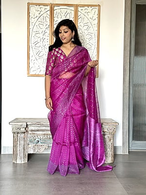 Pure Muslin saree with all over Sequins woven and Woven Border – Purple