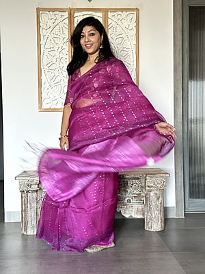Pure Muslin saree with all over Sequins woven and Woven Border – Purple