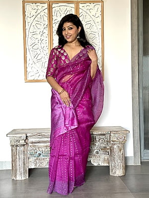 Pure Muslin saree with all over Sequins woven and Woven Border – Purple