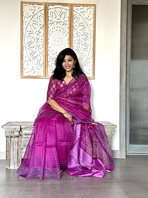 Pure Muslin saree with all over Sequins woven and Woven Border – Purple