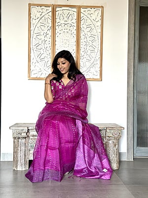 Pure Muslin saree with all over Sequins woven and Woven Border – Purple