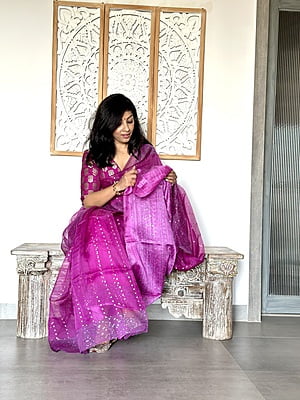 Pure Muslin saree with all over Sequins woven and Woven Border – Purple