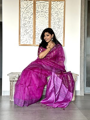 Pure Muslin saree with all over Sequins woven and Woven Border – Purple