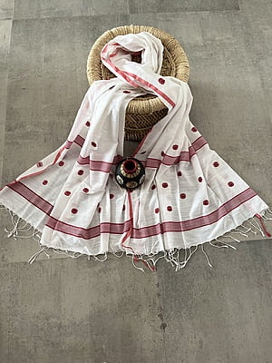 PURE HANDLOOM COTTON JAMDANI DUPATTA-WHITE