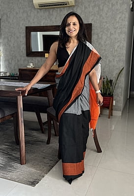 Black & Grey Khadi Cotton Saree with Orange Border Black & Grey Khadi Cotton Saree with Orange Border