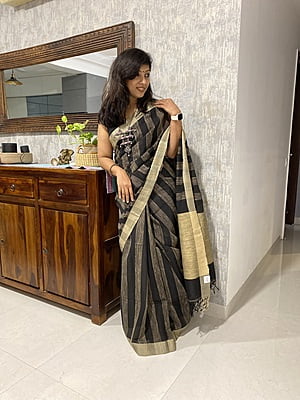 BLACK KHADI COTTON SAREE WITH JUTE STRIPES BLACK KHADI COTTON SAREE WITH JUTE STRIPES