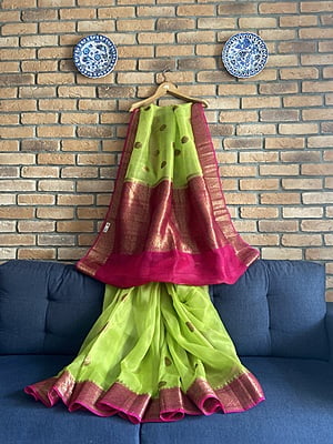 LIME GREEN AND FUSCHIA PINK KORA SILK BANARSI