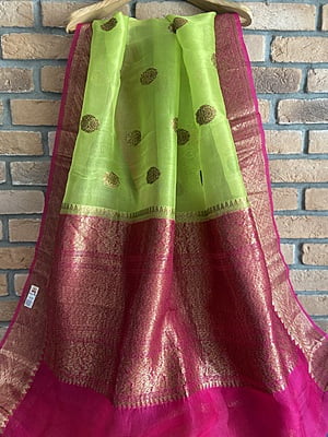 LIME GREEN AND FUSCHIA PINK KORA SILK BANARSI