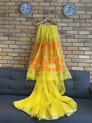 YELLOW RESHAM AND MUSLIN SAREE WITH JAMDANI PALLA