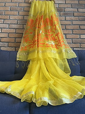 YELLOW RESHAM AND MUSLIN SAREE WITH JAMDANI PALLA
