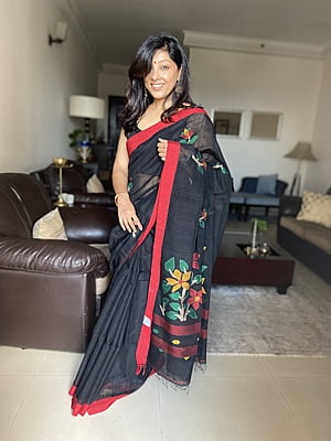 BLACK MATKA MUSLIN SILK JAMDANI WITH ZARI BORDER