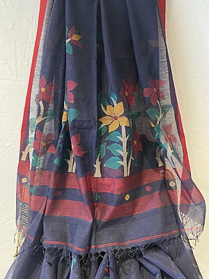 BLUE MATKA SILK WITH JAMDANI WEAVED MUSLIN PALLU