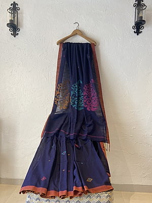 BLUE KHADI COTTON WITH JAMDANI PALLA BLUE KHADI COTTON WITH JAMDANI PALLA