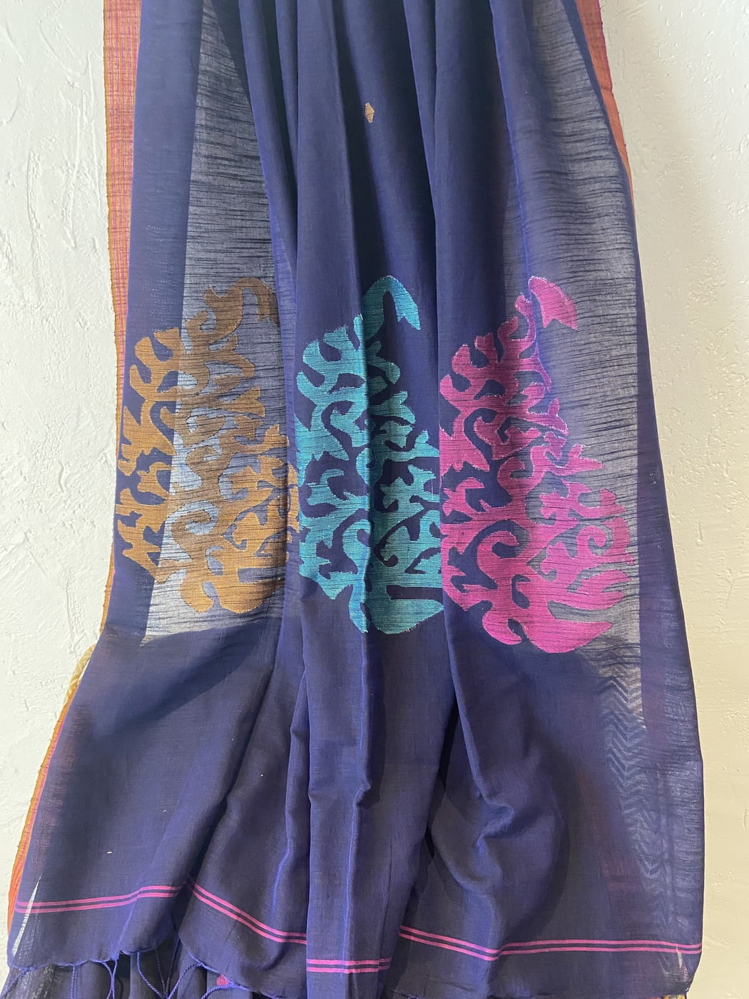 Blue - Handloom Pure Mul Cotton Phulia Jamdani Saree with Tassels 11 main image 0