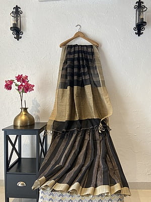 BLACK KHADI COTTON SAREE WITH JUTE STRIPES BLACK KHADI COTTON SAREE WITH JUTE STRIPES