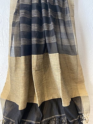 BLACK KHADI COTTON SAREE WITH JUTE STRIPES BLACK KHADI COTTON SAREE WITH JUTE STRIPES