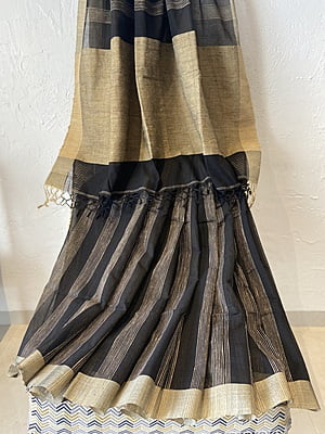 BLACK KHADI COTTON SAREE WITH JUTE STRIPES BLACK KHADI COTTON SAREE WITH JUTE STRIPES