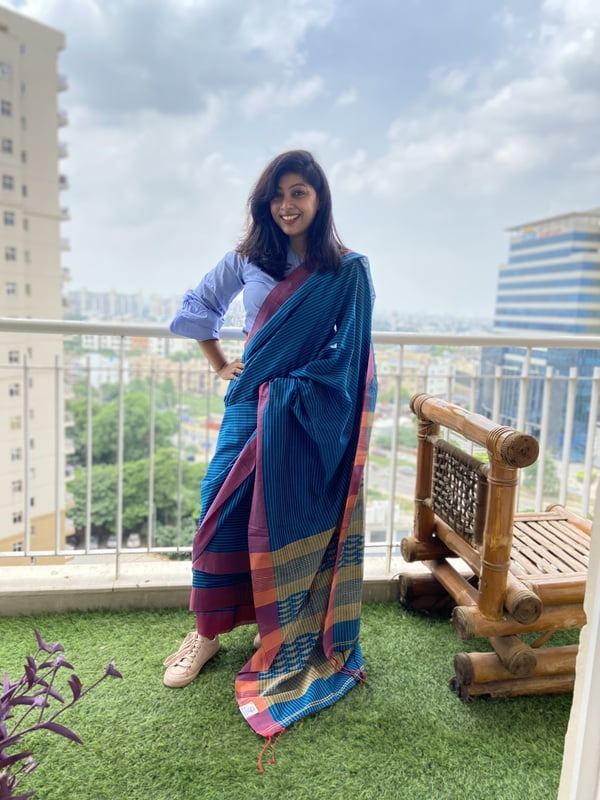 BLUE STRIPED PURE COTTON JAMDANI SAREE BLUE STRIPED PURE COTTON JAMDANI SAREE