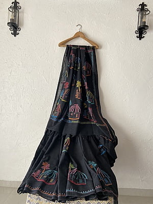 BLACK HAND EMBROIDERED COTTON KANTHA SAREE