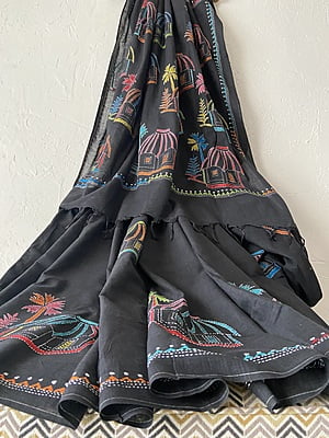 BLACK HAND EMBROIDERED COTTON KANTHA SAREE